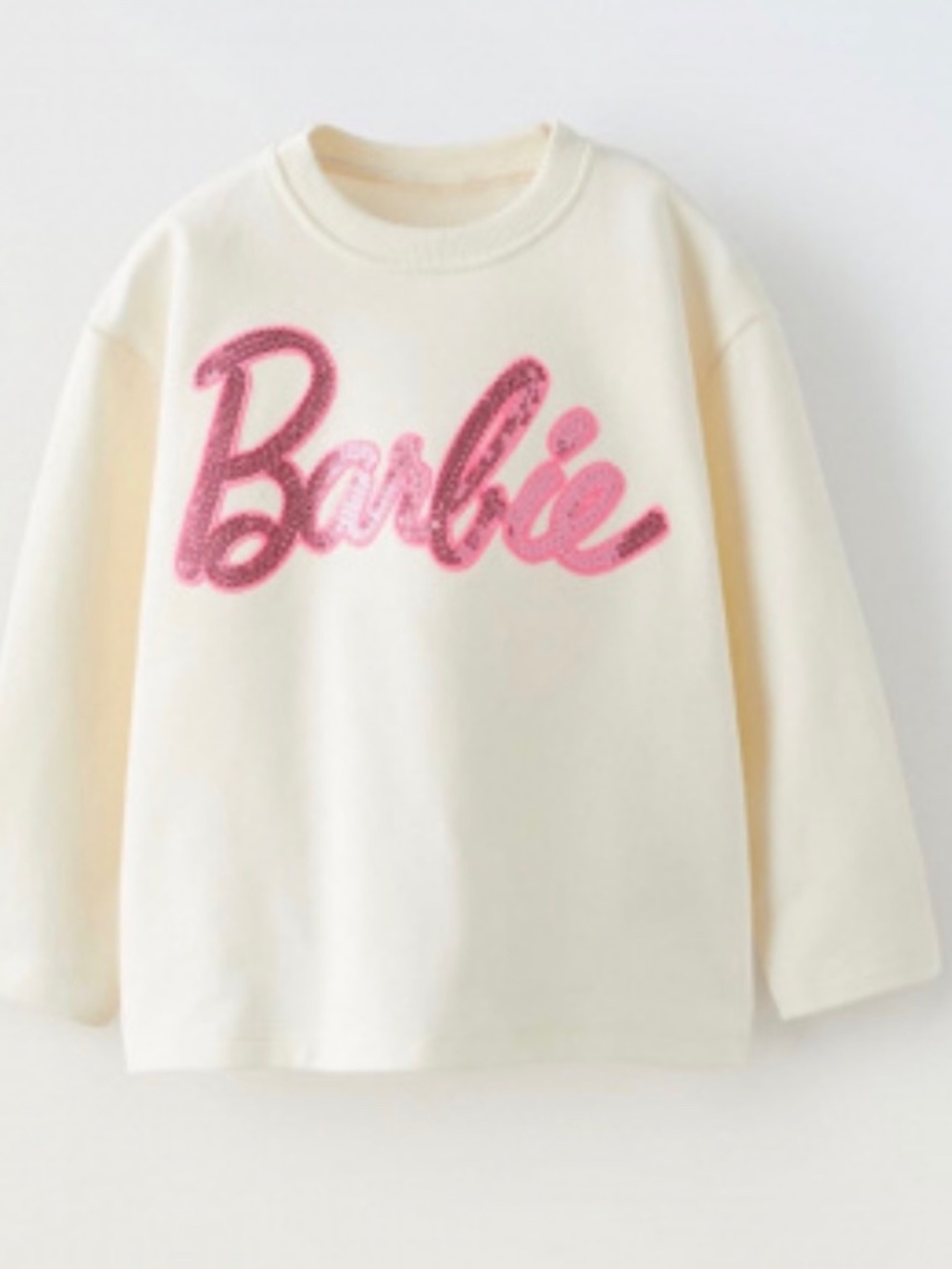 Zara Kids Barbie Glitter Logo Long Sleeve Shirt Cream Pink Size 5-6Y